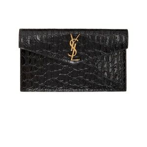 SAINT LAURENT Black Croc Uptown Envelope Pouch